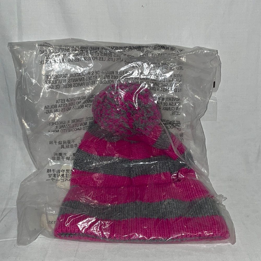 Brand new pink and gray striped hat